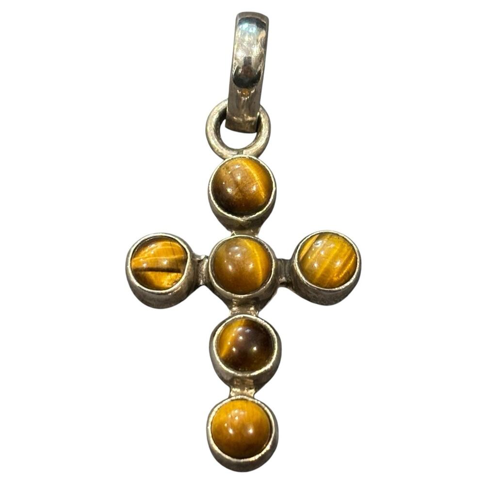 925 Sterling Silver Tiger's Eye Cross Pendant 2" Round Bezel Cabochon 7.47g